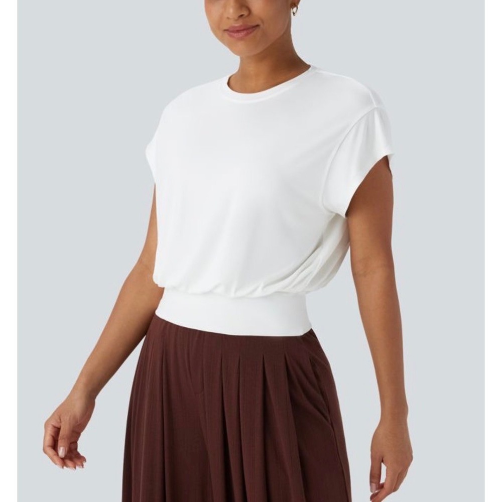 NWT Halara Batwing Short Sleeve Banded Hem Blouson Work T-Shirt White Top L New